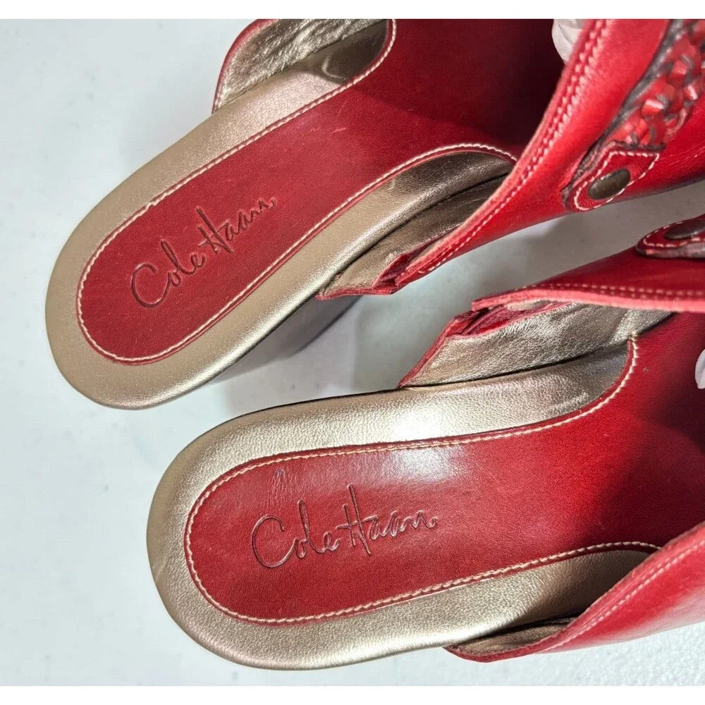 Cole Haan Red Leather Wedge Clogs Mules Shoes Womens 9B Braid Western Boho